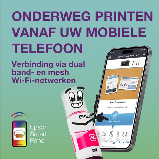 Zwarte Epson EcoTank printer en smartphone met de Epson Smart Panel app, illustreert mobiel printen.