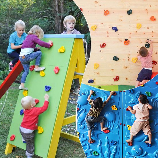 Kinderen klimmen op een klimmuur met veelkleurige, verschillende vormen klimstenen.