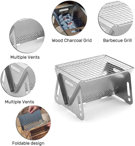BBQ Grill - Tafel Barbecue - Houtskoolbarbecues - Mini Houtskool Smoker - Opvouwbaar Houtskool Barbecue - Draagbaar BBQ - Draagbare Camping Grill - 22cm x16x12cm - RVS - met handige draagtas - Ideaal voor Camping of Vakantie van Pericles — afbeelding 5
