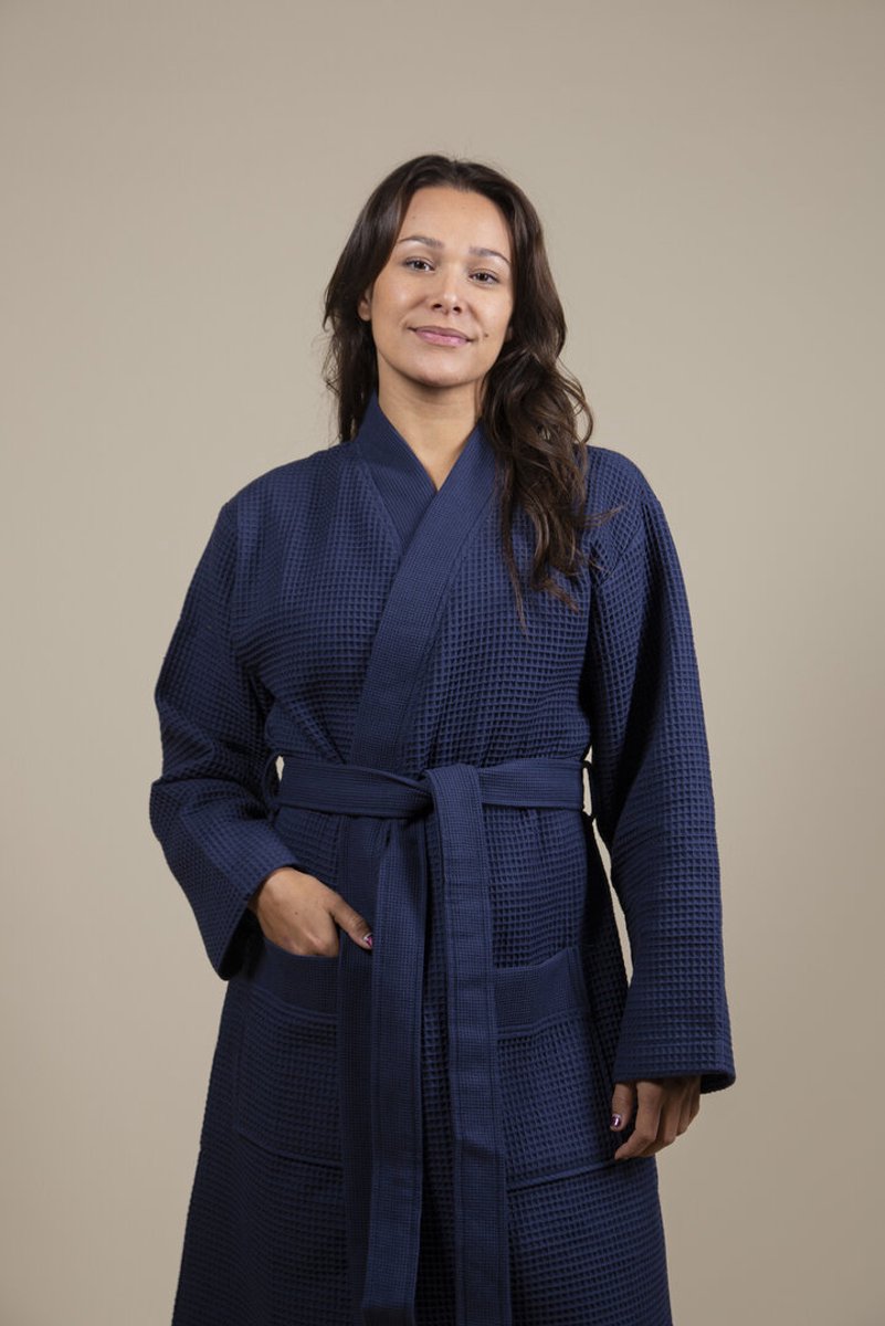 Sauna Wafel Badjas Dames – Cozylion – 100% Duurzaam Katoen – Oeko-Tex – Marine / Donker blauw – Kimono Stijl – Wafel Badjassen Vrouwen – Sauna & Wellness Ochtendjas voor Vrouw