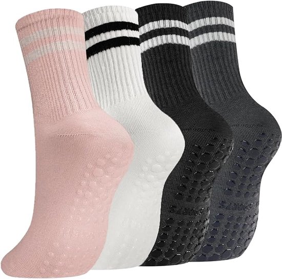 Chaussettes - Chaussettes de yoga pour femmes - 4 paires - Chaussettes Pilates en coton - Chaussettes de yoga antidérapantes - Chaussettes de sol - Convient pour le ballet, le yoga, la danse, le pilates et le fitness