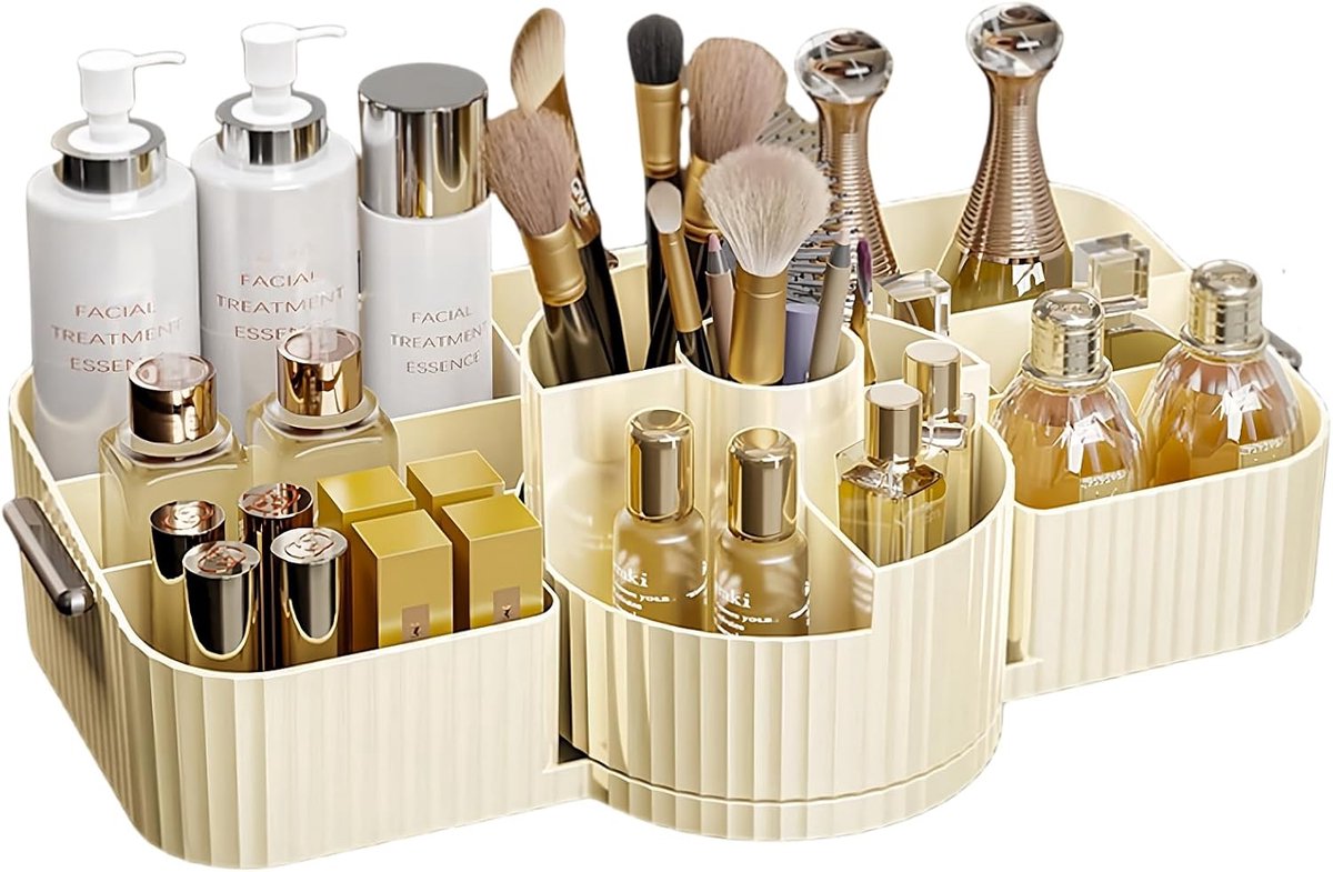 Make-up Organizer met Grote Capaciteit – 360° Draaibaar – Met Vakken en Make-upkwastenhouder – 2-in-1 Multifunctioneel voor Kaptafel en Kantoor
