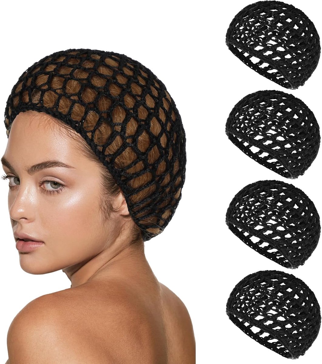 4-delige gehaakte haarnetjesset - 15×17cm - Gehaakte slaapmuts voor dames - Zacht en herbruikbaar - Gehaakte slaapmuts - Geschikt voor lang en kort steil haar - Geschikt voor wassen, make-up, baden en huishoudelijk werk - Zwart