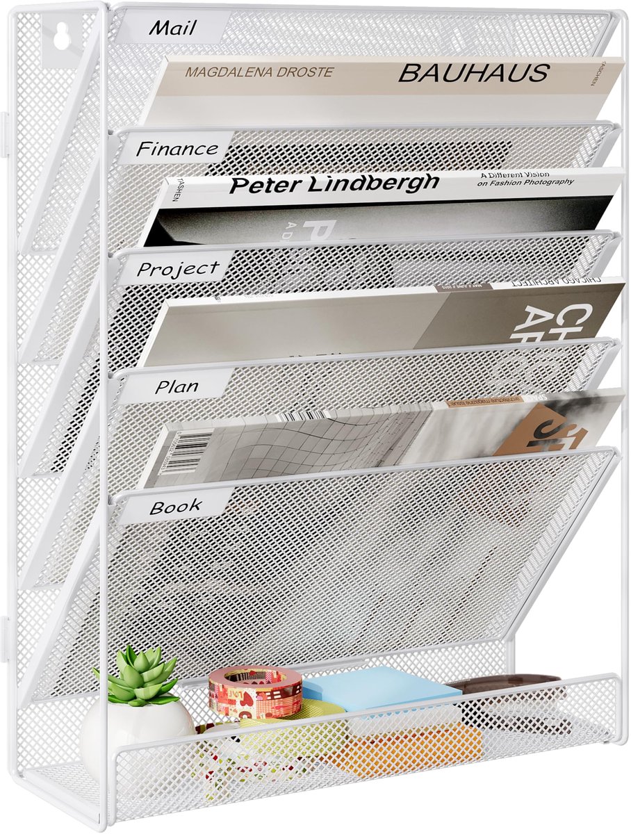 Ibenzoa Wandgemonteerde tijdschriftenhouder met zes vakken en labels voor organisatie wit