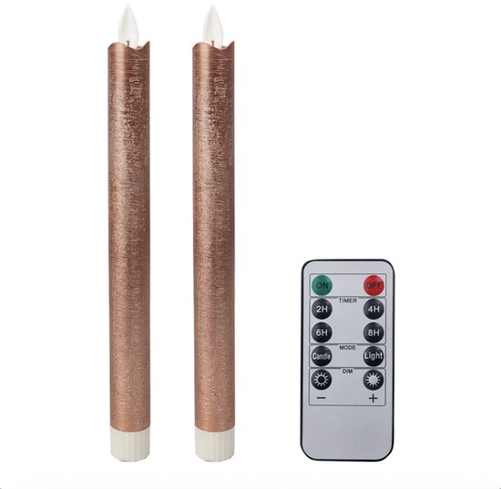 LED kaarsen met bewegende vlam 2x - Koper - Copper - Afstandsbediening - Dinerkaars rustiek wax 24.5 cm - LED kaars batterij