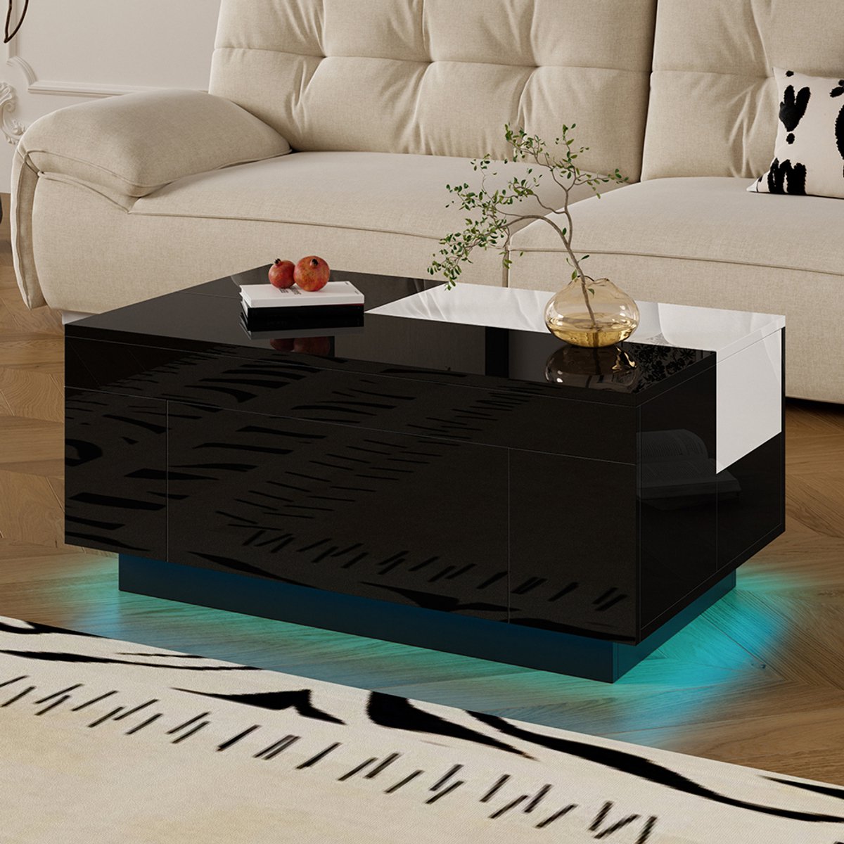 YEHTOKHOME Hoogglans Salontafel met LED-Verlichting en lade - Uitschuifbaar tafelblad - Verborgen opbergruimte - Moderne bijzettafels - Koffietafel - Zwart - 80x50x35,5 cm