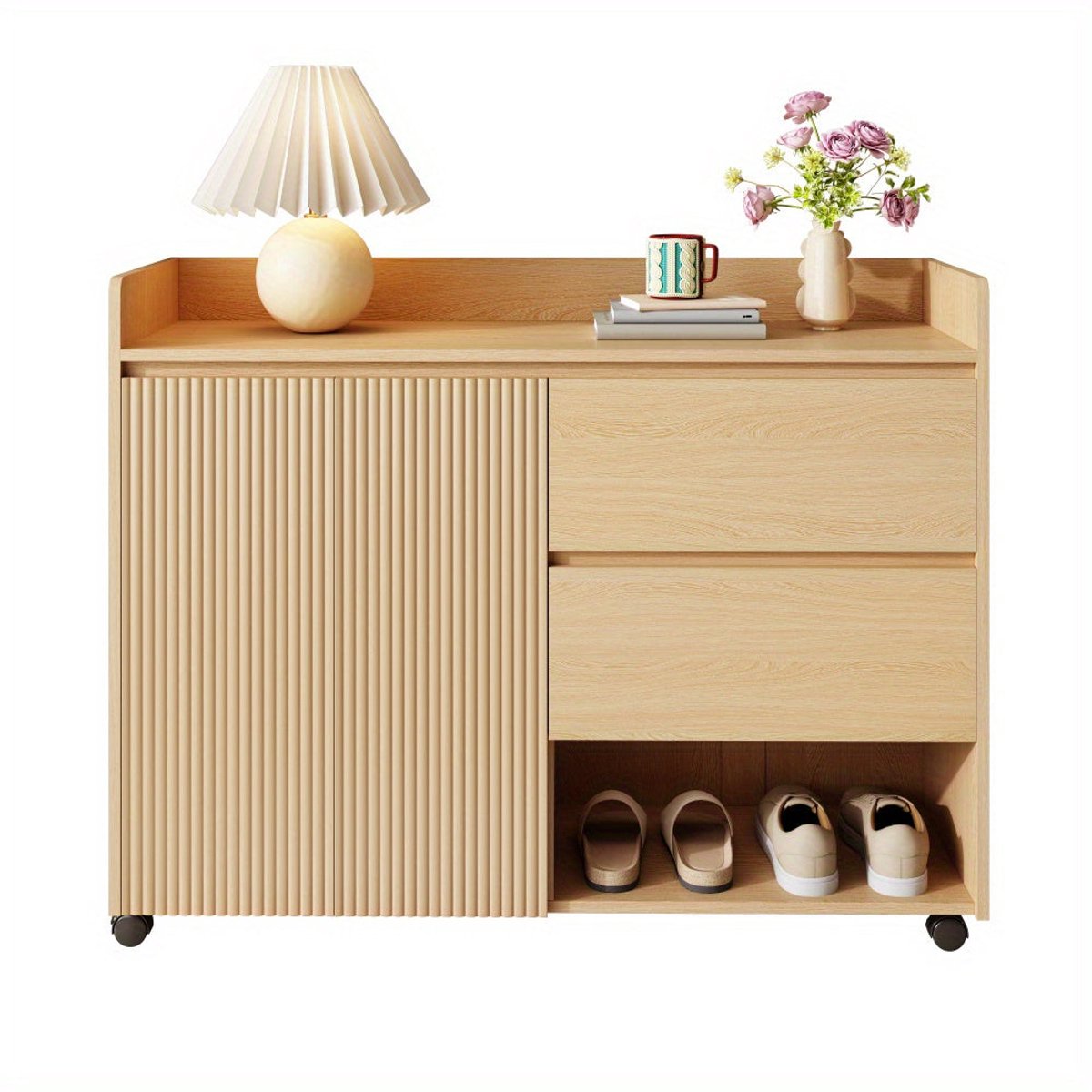 Schoenenkast – Schoenenrek – Schoenenopberger – Schoenkast – Hal Organizer – Mobiel Met Rem – Verstelbare Planken – MDF Hout Metaal – Wit Beige – Soft-Close Deurtje – Ruimtebesparend Design - Houtkleur
