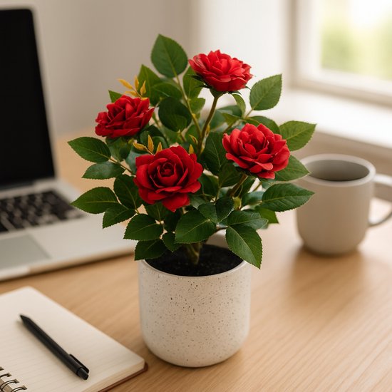 Kunstplant met rode rozen en groene bladeren in een witte pot op een bureau met laptop en notitieboek.