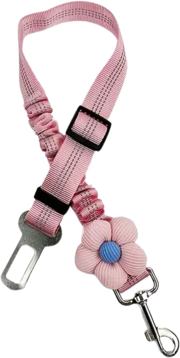 FA-VE Autogordel Hond Roze – Verstelbare Veiligheidsriem Hond voor Auto – Met Bloem Accessoire – Schokabsorberend & Sterk – 58-79 cm