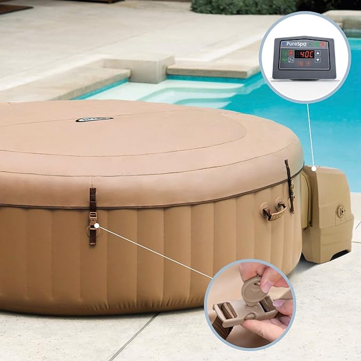 Opblaasbare Jacuzzi Bubbelbad voor 4 Personen – Novihome PureSpa Luxe Bubble Massage Spa 196x71 cm – Elektrisch Verwarmd Opblaasbaar Bubbelbad met Filterpomp, Verwarming & Deksel – 795L – Beige – Comfort Thuis Spa Wellness