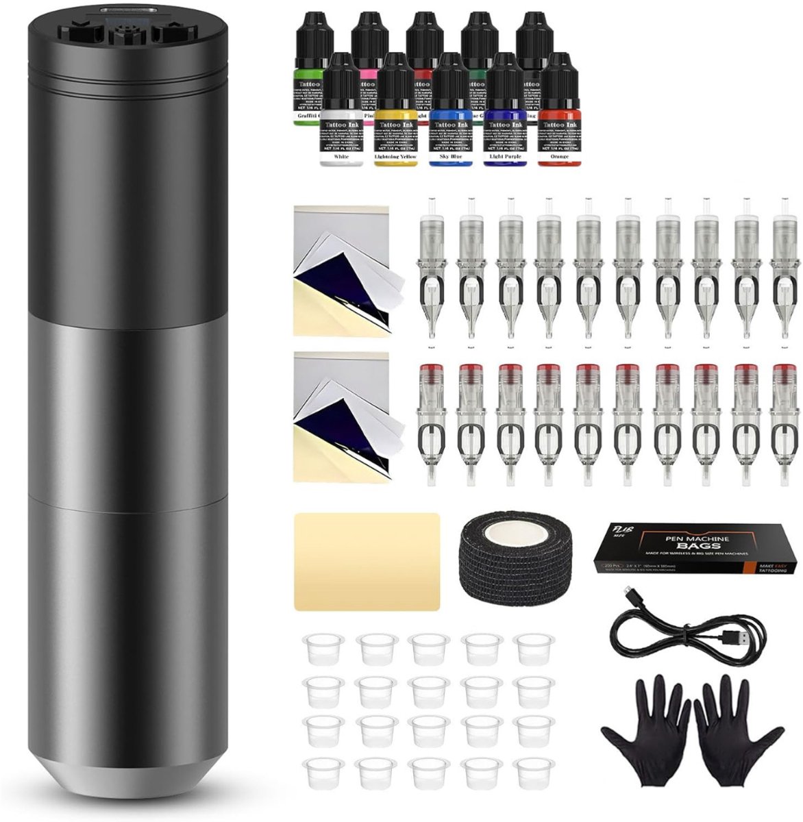 White-Label® Hoge Kwaliteit Tattoo Machine met Accessoires - Tattoo Machines Draadloos - Tattoo Set Inclusief Inkt en Naalden - Tattoo Kit met Opbergkoffer - Voor Professionals en Beginners - B