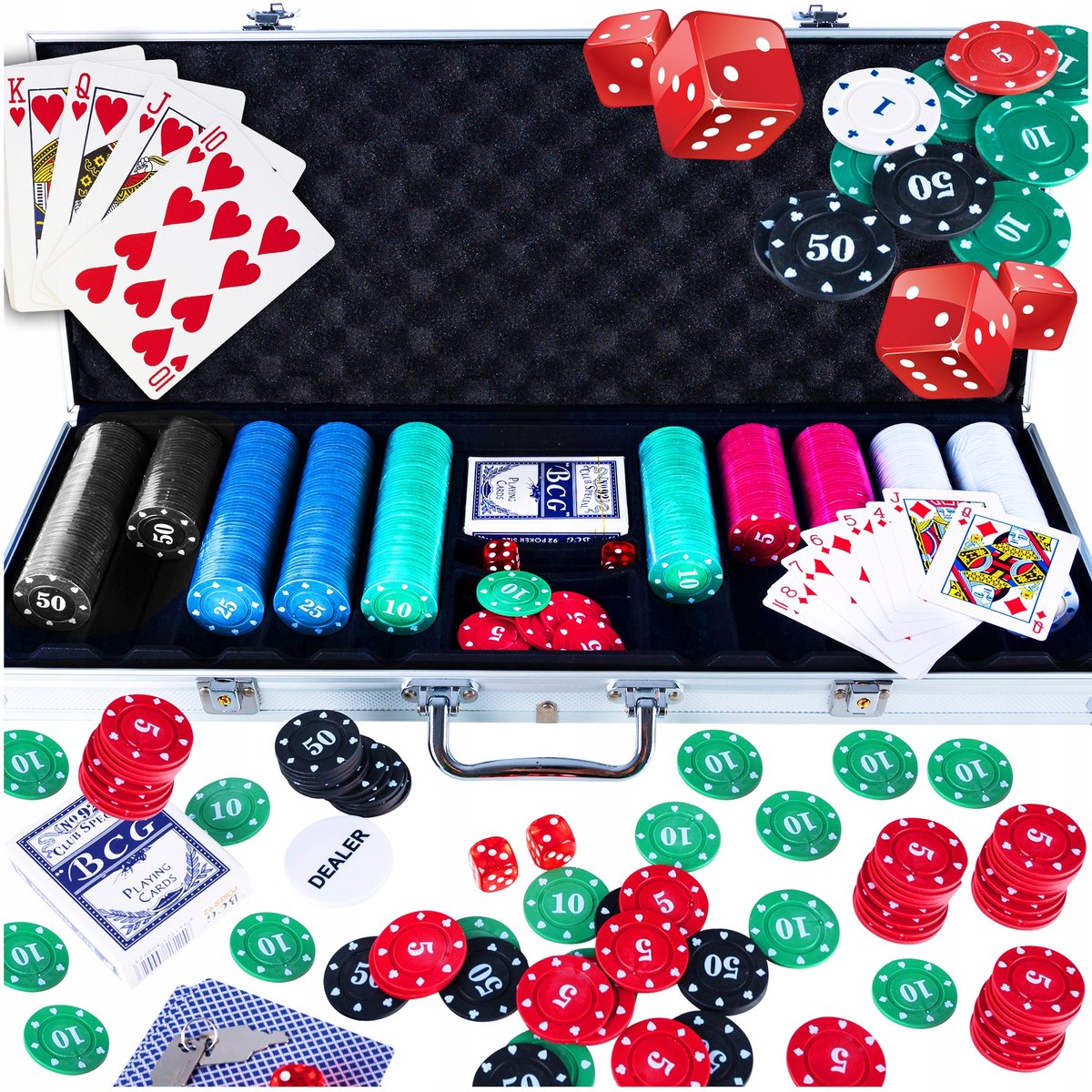 Pokerset 500 fiches, 2 kaartspellen, dobbelstenen, metalen behuizing