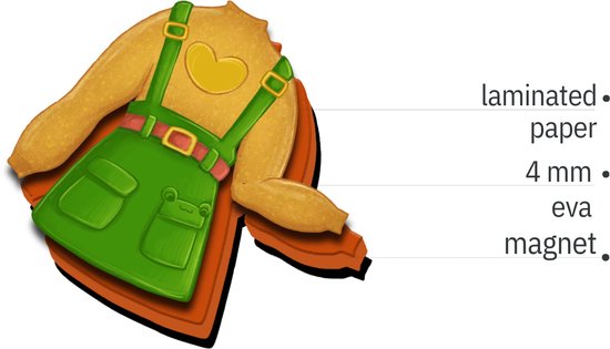 Magnetisch kledingstuk met oranje top en groene tuinbroek met kikkerdetails.