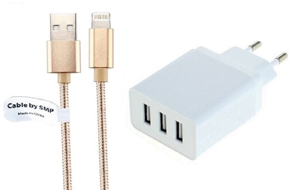 OneOne 3A lader met 3 poorten + 3,0m OneOne Lightning kabel. Universele oplader adapter past op Apple iPhone 5, iPhone 5c, iPhone 5s, iPhone 6, iPhone 6 Plus, iPhone 6s, iPhone 7, iPhone 7 Plus, iPhone 8, iPhone 8 Plus, iPhone SE, iPhone X