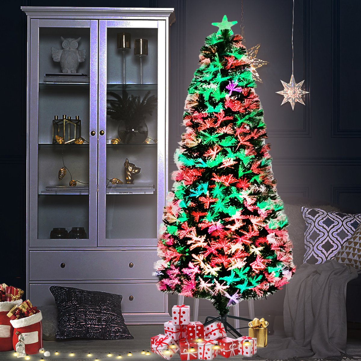 Kunstkerstboom met verlichting 210cm met dennennaalden en sparrenvezels kleurrijke glasvezel LED-kleurveranderende kerstboom kantoor thuis kerstversiering met standaard – foto 3
