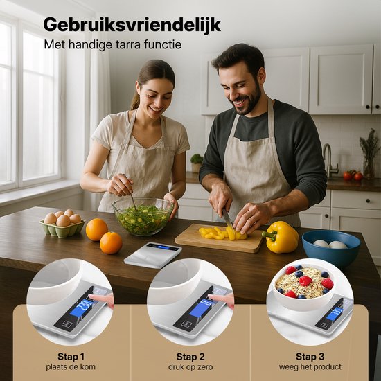 Un couple coupe du poivron, une femme prépare une salade; balance de cuisine avec un guide étape par étape pour la pesée.