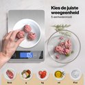Main pesant des boulettes de viande sur une balance de cuisine numérique; étapes de pesage montrées avec illustrations d'ingrédients.