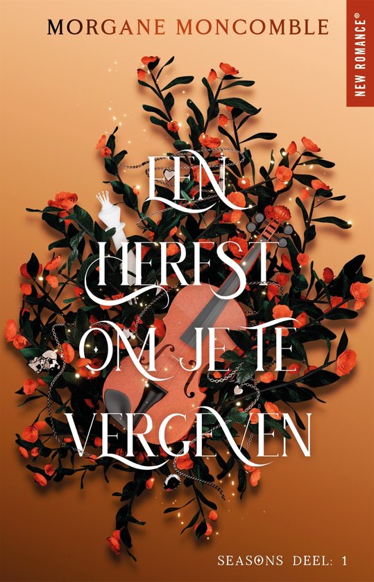 Boekomslag met oranje en groene bladeren, een viool en schaakstukken. Titel: Een herfst om je te vergeven.