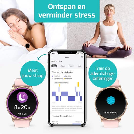 Roze smartwatch met gouden details, focus op slaaptracking en ademhalingsoefeningen.