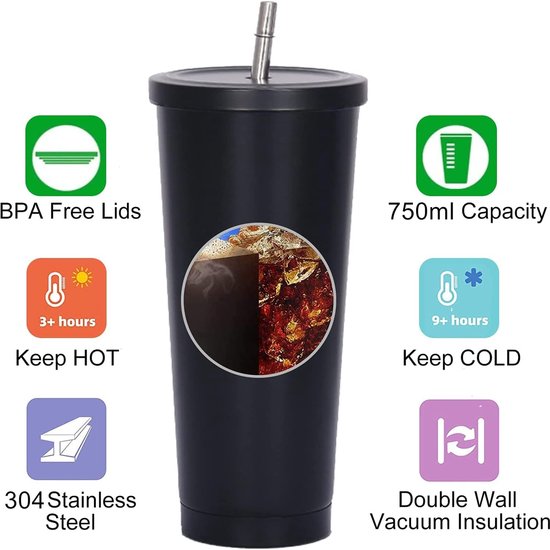 Zwarte thermobeker met een rietje, BPA-vrije deksel, 750ml, houdt 3+ uur warm en 9+ uur koud, 304 RVS, dubbelwandig vacuüm.
