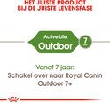 Groen logo Active Life Outdoor met tekst 'Vanaf 7 jaar: Schakel over naar Royal Canin Outdoor 7+'.
