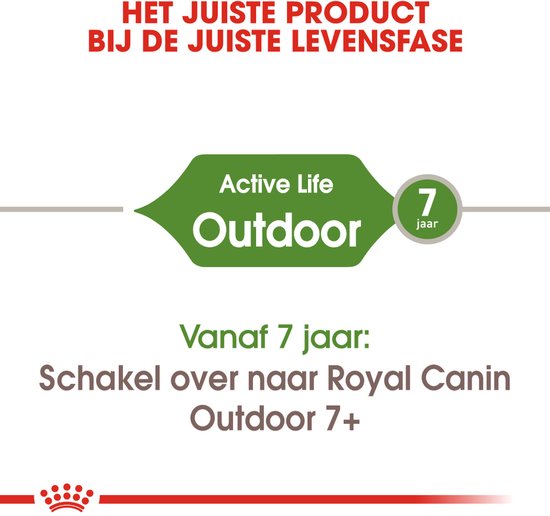 Groen logo Active Life Outdoor met tekst 'Vanaf 7 jaar: Schakel over naar Royal Canin Outdoor 7+'.