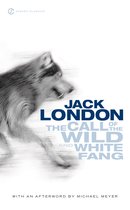 Boek kaft van "The Call of the Wild and White Fang" van Jack London, met een getekende wolf.