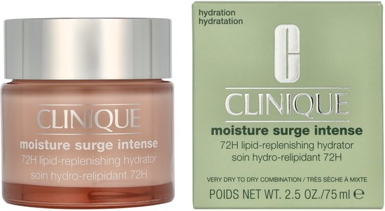 Clinique Moisture Surge Intense pot met oranje crème en zilverkleurig deksel, naast de groene verpakking.