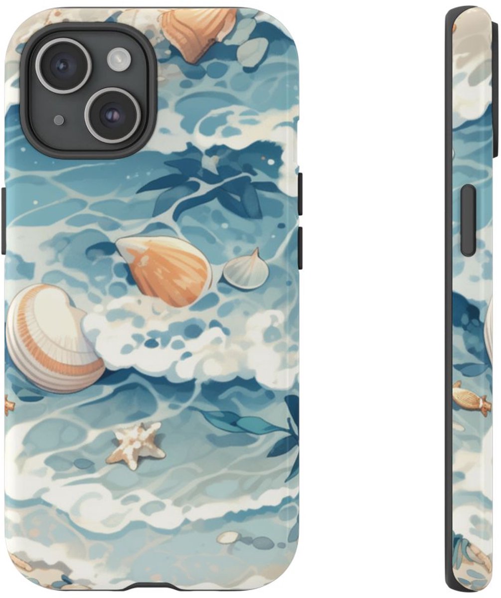 Zeesterren en Schelpen op Oceaangolven – Telefoonhoesje Geschikt voor iPhone 15