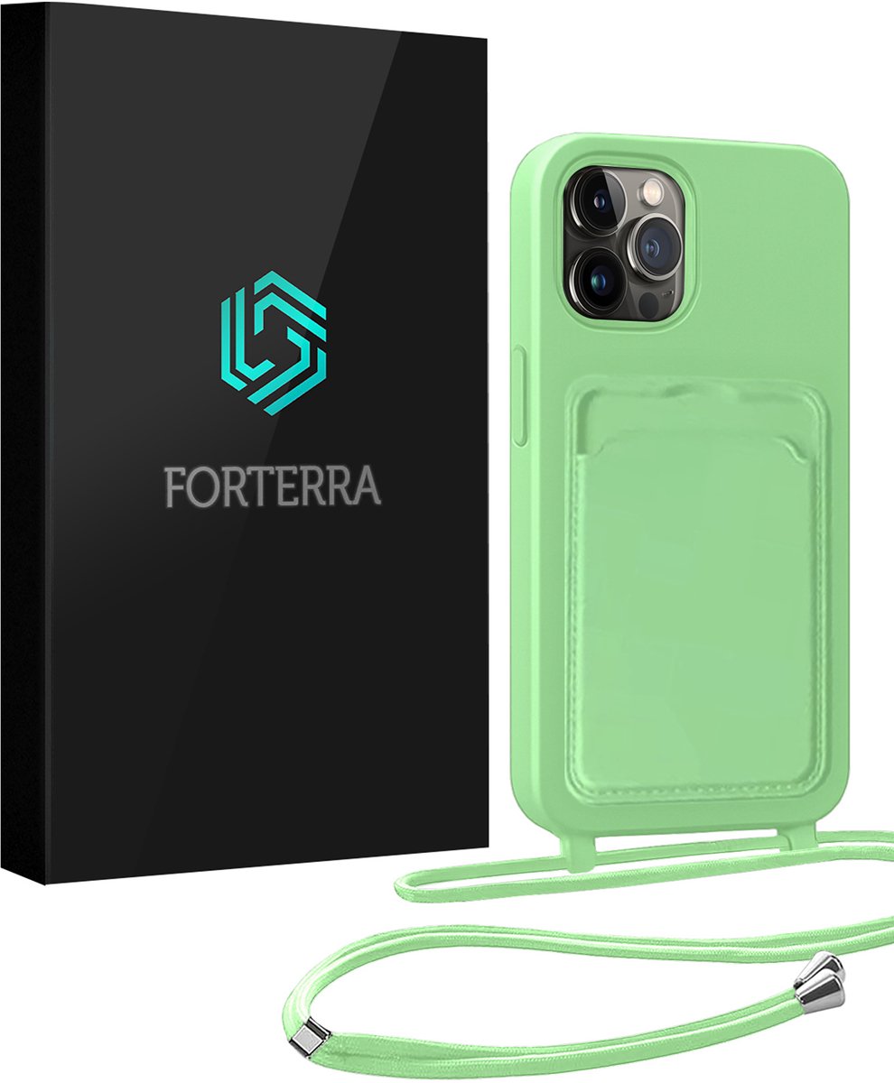 Hoesje Geschikt voor iPhone 14 Pro Pashouder Case Siliconen Hoes Met Koord - Hoes Geschikt voor iPhone 14 Pro Met Telefoonkoord Hoesje Back Cover Met Pasjeshouder - Groen