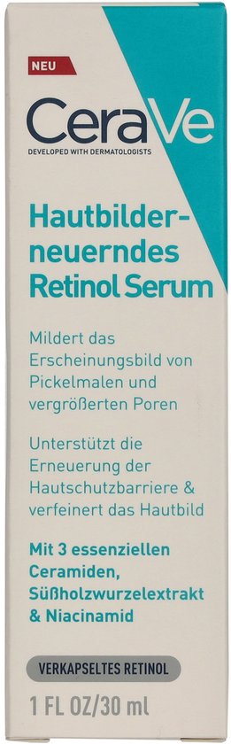 CeraVe Hautbilder-erneuerndes Retinol Serum. Witte verpakking met blauwe en rode "NEU" sticker.