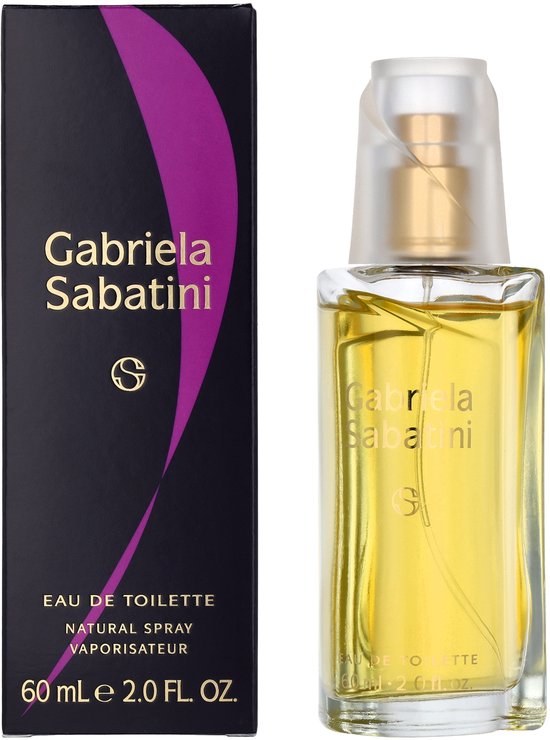 Gabriela Sabatini Eau de Toilette, 60 ml. Glazen fles met gouden dop, naast de zwarte verpakking met paarse curve.