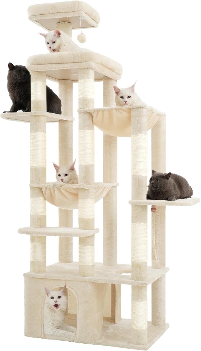 Retadou – Krabpaal, 180 cm, groot met extreem stabiele basis, XL-platform, groot kattenhuis, 2 hangmatten, kattenmeubels met meerdere verdiepingen voor Maine Coon en andere grote katten, beige