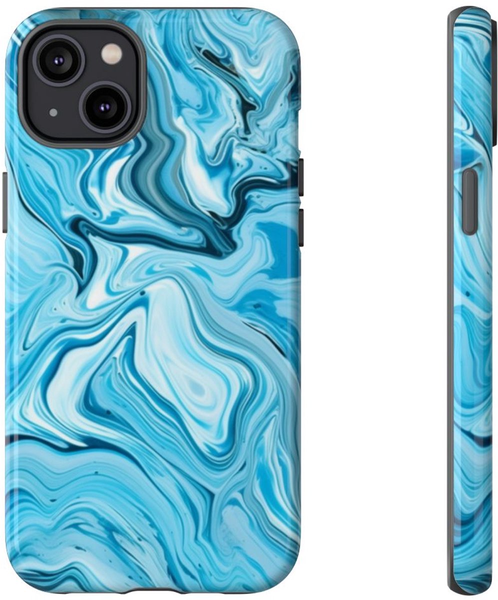 Blauw-Witte Marmeren Swirl Abstract – Telefoonhoesje Geschikt voor iPhone 14 Plus