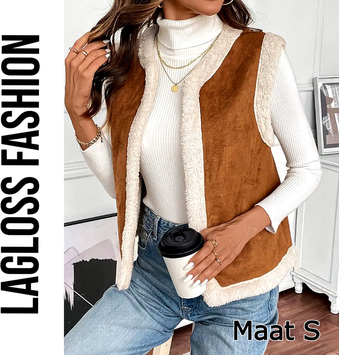 LaGloss® Mouwloze Teddy Bodywarmer Bruin/Beige – Warme & Luchtige Gilet Vest – Herfst/Winter Laagjeslook – Tijdloos - Maat S