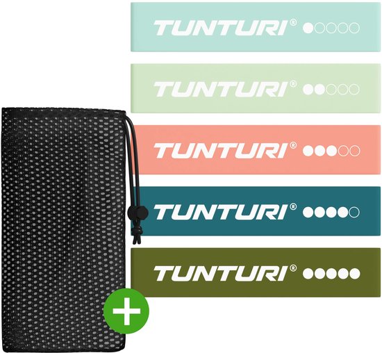 Tunturi 5 Weerstandsbanden Set - Mini Power body band - Weerstandsband - Fitness elastiek - Fitnessband - Trainingsband - Gymnastiekband - Incl. gratis fitness app