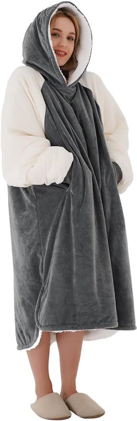 Oversized hoodie-deken, sherpa sweatshirt deken, knuffeltrui voor dames heren en volwassenen - XL - grijs + wit.