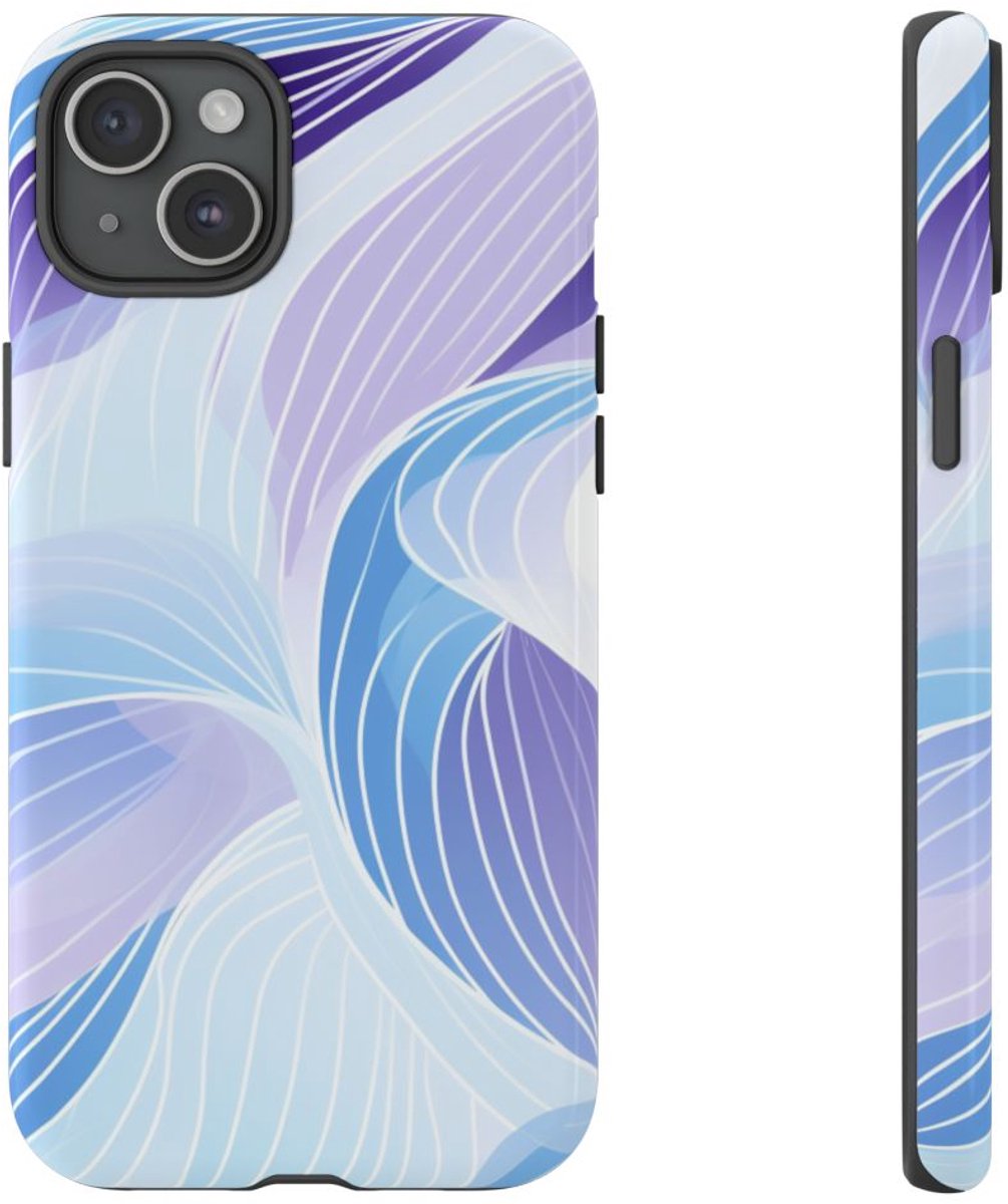 Blauw-Paarse Abstracte Golfpatronen – Telefoonhoesje Geschikt voor iPhone 15 Plus