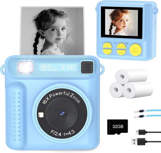 Kinder Printcamera – Blauw – 48MP Fotocamera met 2.4" Scherm, 16x Zoom & 1080P Video – Directe Zwart-Wit Print, 32GB Kaart, 3 Rollen Fotopapier & USB Oplader – Creatieve Speelgoedcamera voor Jongens en Meisjes