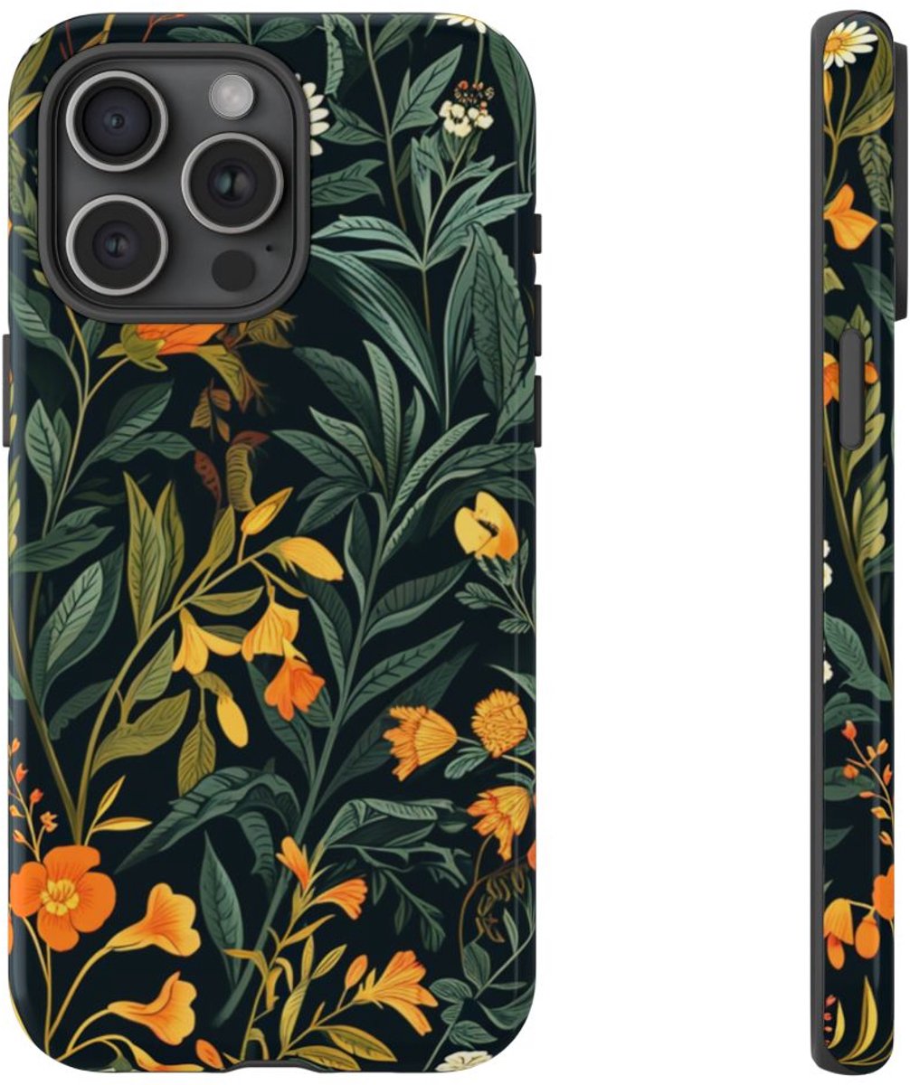 Oranje en Witte Bloemenprint – Telefoonhoesje Geschikt voor iPhone 15 Pro Max
