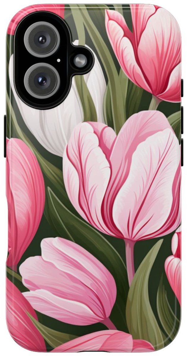 Roze en Witte Tulp Bloemenpatroon – Telefoonhoesje Geschikt voor iPhone 16