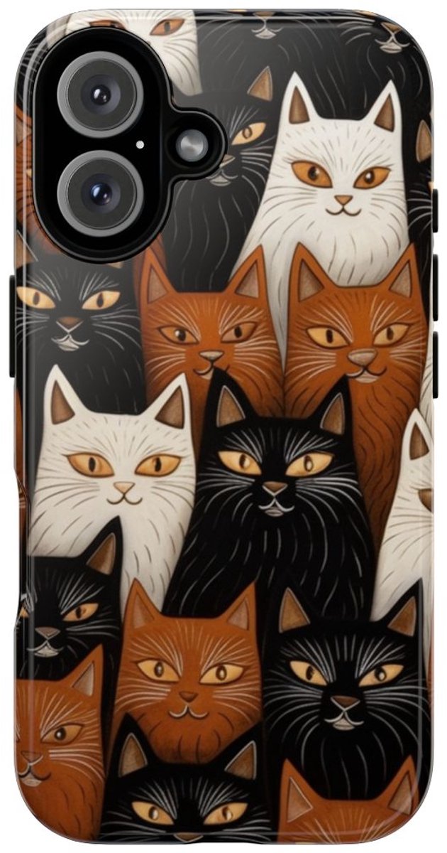 Zwart-Bruin-Wit Kattenpatroon – Glanzend Stevig Hoesje Geschikt voor iPhone 16