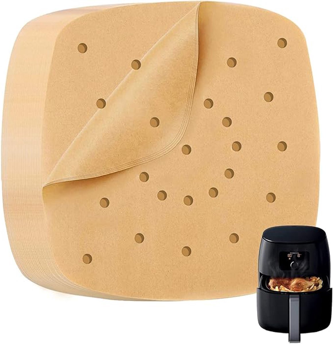 Vitdipy - Bakpapier voor Airfryer - 200 stuks - Airfryer bakpapier - 21.6*21.6cm - Geperforeerd bakpapier - Stoompapier - Dim Sum papier - Bruin