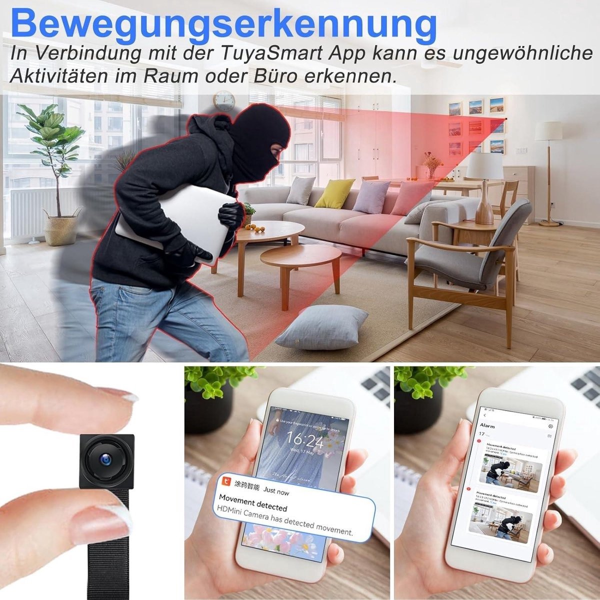 WNHB® Mini camera wifi 1080p HD met app bewegingsdetectie nachtzicht beveiligingscamera binnen buiten spycam