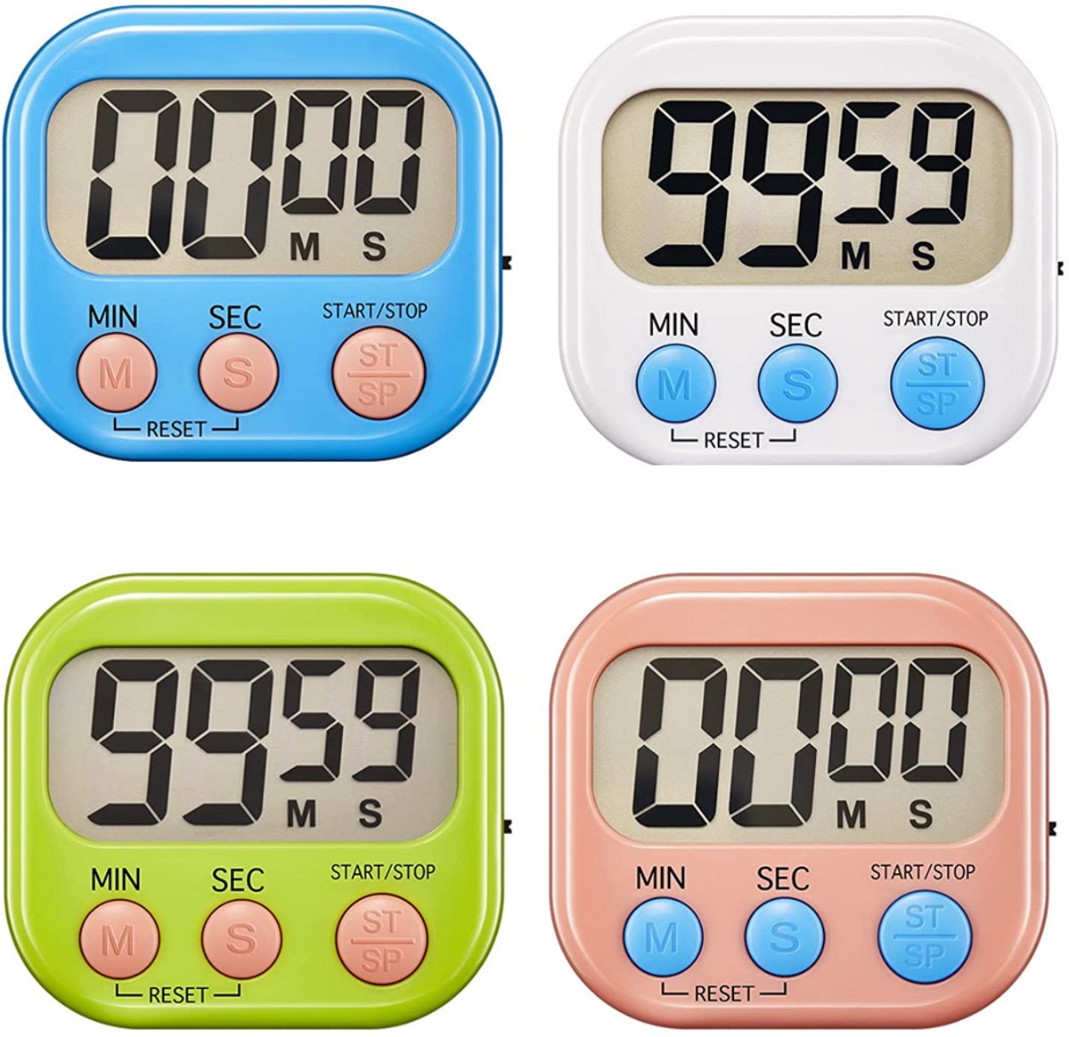Digitale Keukentimer Set – 4 Delige Magnetische Timers met Alarm & Stopwatch, Luid of Stil, Groot LCD Display voor Koken, Studeren & Sport