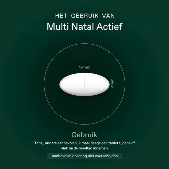 Illustratie van een witte, ovale tablet van 19x8 mm. Bonusan Multi Natal Actief: 2 maal daags een tablet.