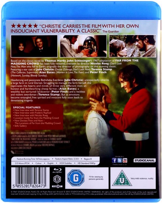 Achterkant Blu-ray hoes met vier kleine afbeeldingen, tekst en de hoofdrolspelers van "Far From The Madding Crowd".