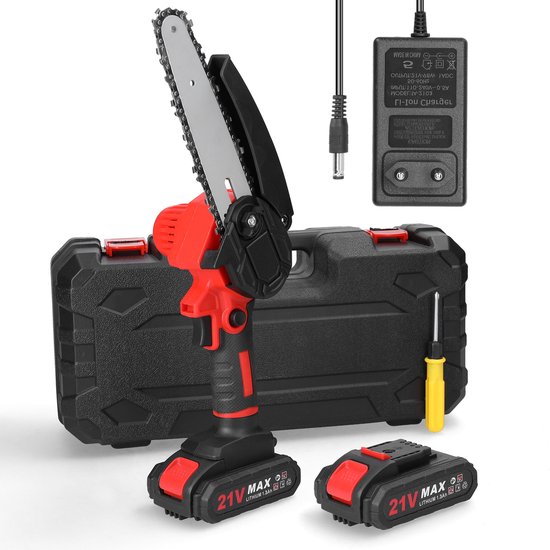 21V Mini Kettingzaag – 6 Inch Snoeizaag Draadloos – Incl. 2 Accu’s & Oplader – Veiligheidsslot – Compact & Lichtgewicht – Met Draagkoffer