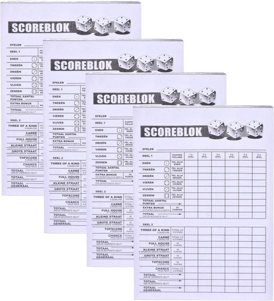 Vier scoreblokken voor Yahtzee, elk met drie dobbelstenen afbeeldingen. De blokken zijn identiek, met velden voor 'Speler', 'Deel 1', en 'Deel 2'.