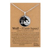 Wolf Kop Ketting op Cadeau Kaartje - Zilverkleurig - Spirituele Talisman - Roestvrij Staal / Stainless Steel - Natuur & Balans - 60cm - Pax Amare